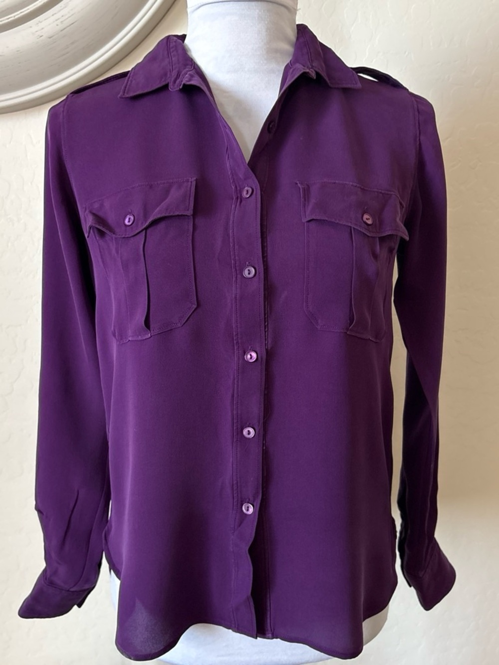 Theory Deep Purple Silk  Button-Front Blouse with pockets. XSP